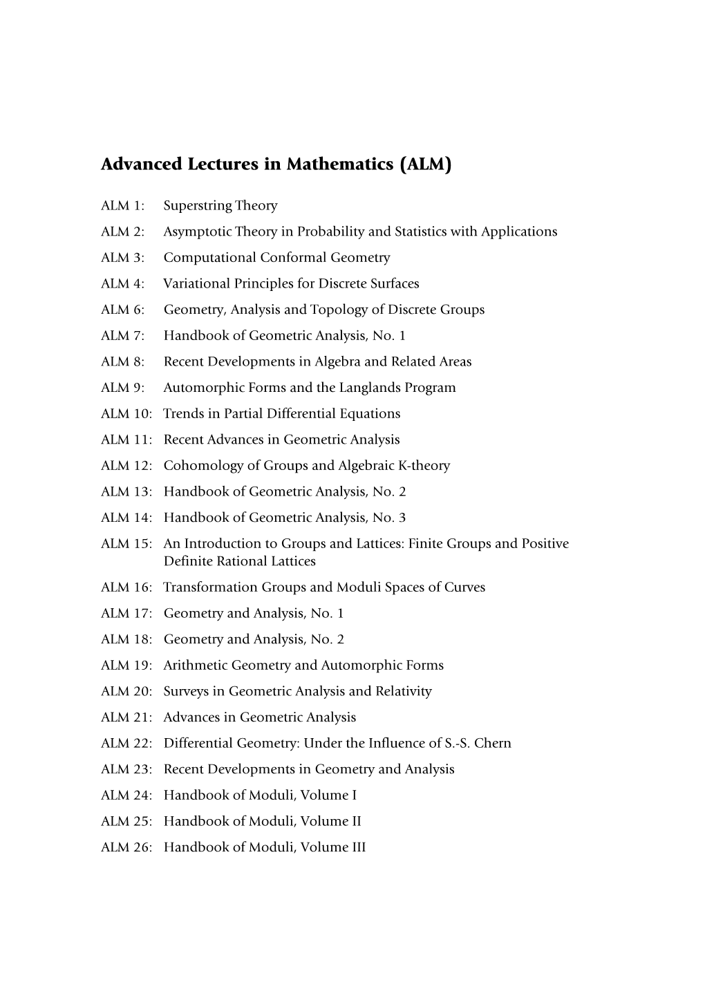 Advanced Lectures in Mathematics (ALM)