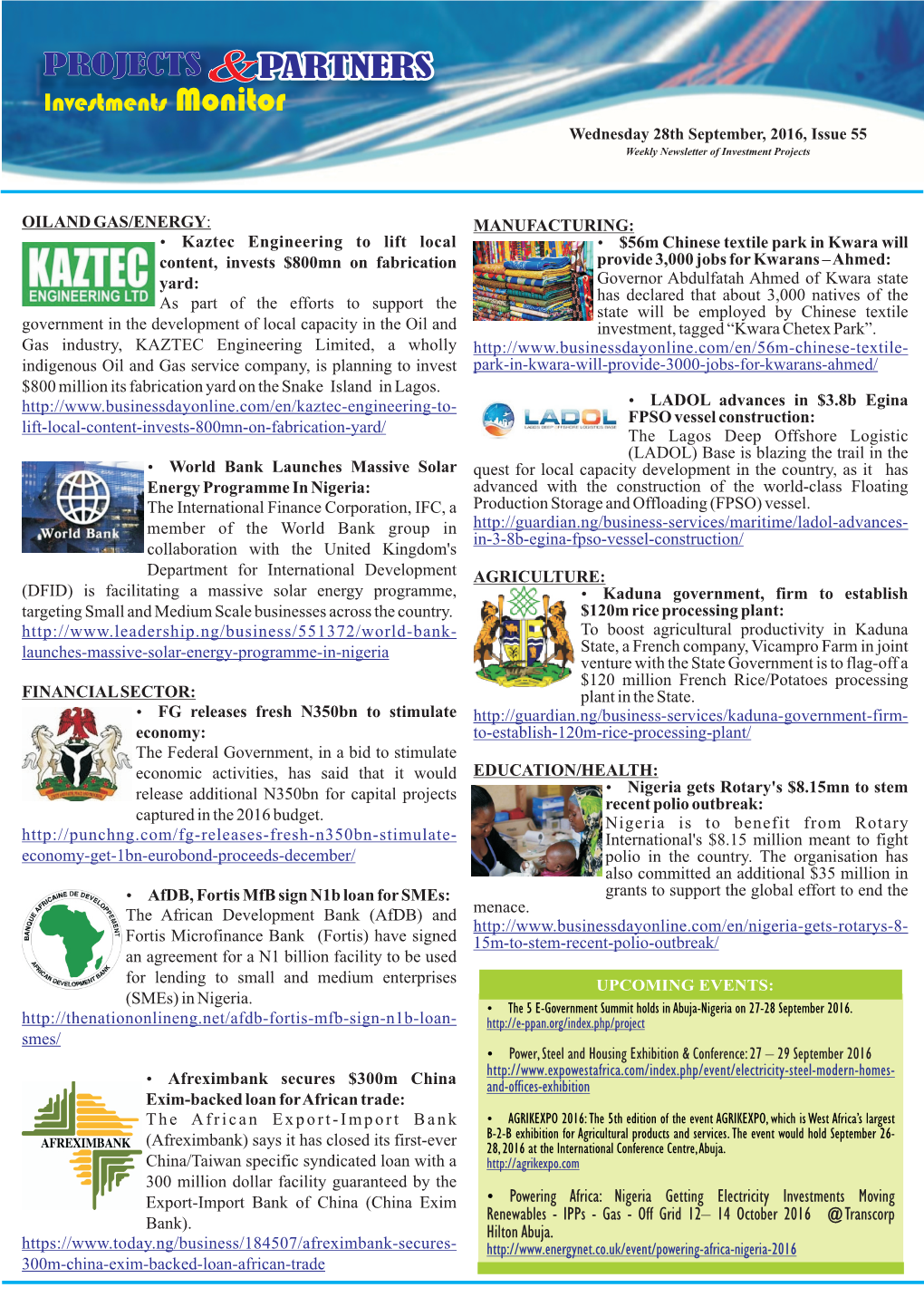 Issue 55 Weekly Newsletter of Investment Projects