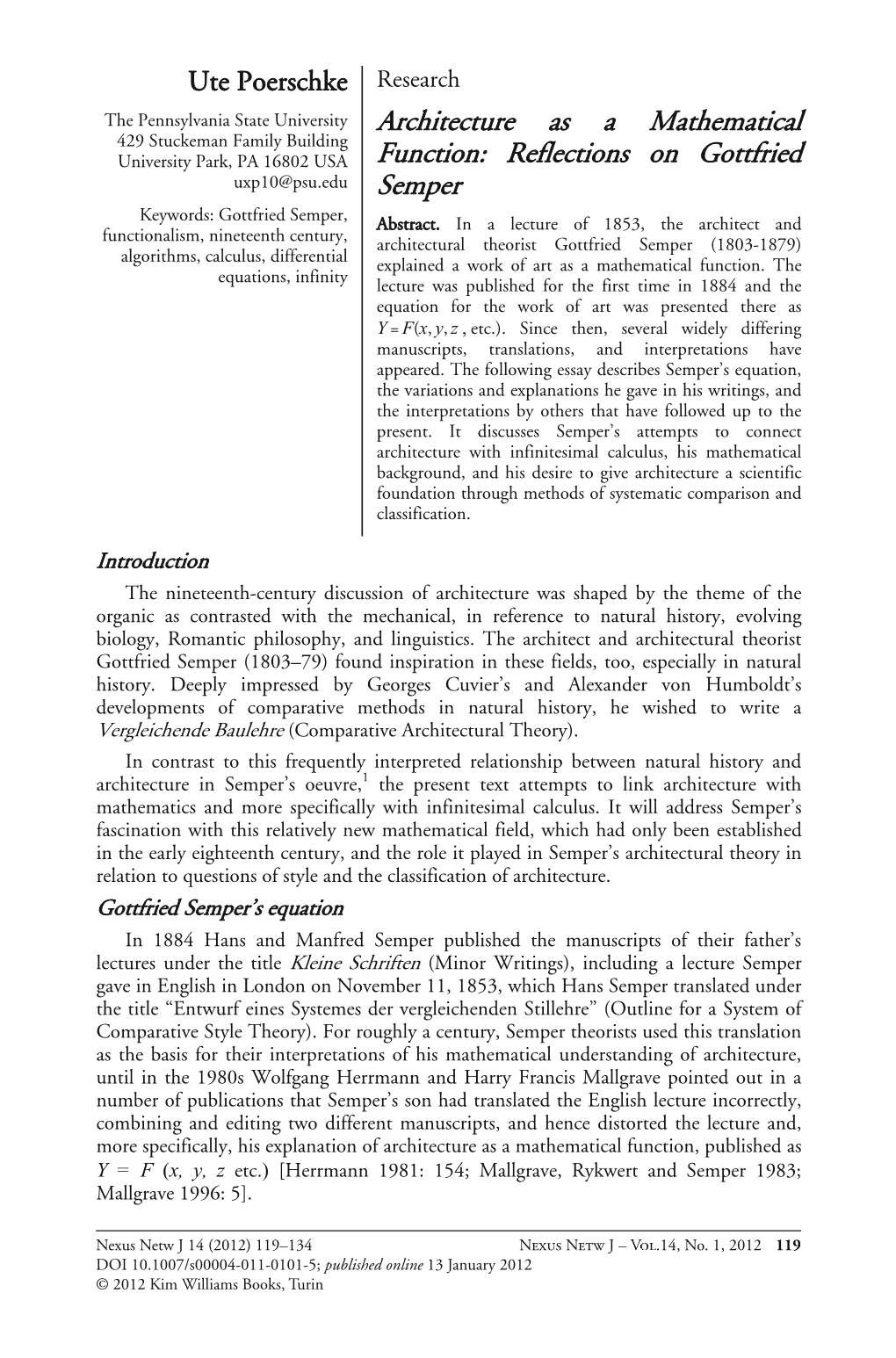 Architecture As a Mathematical Function: Reflections on Gottfried Semper