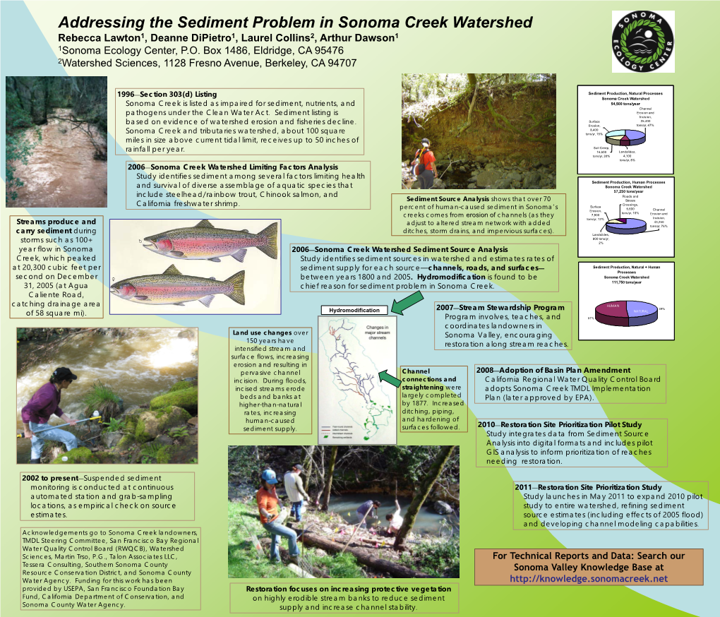 Addressing the Sediment Problem in Sonoma Creek Watershed Rebecca Lawton1, Deanne Dipietro1, Laurel Collins2, Arthur Dawson1 1Sonoma Ecology Center, P.O