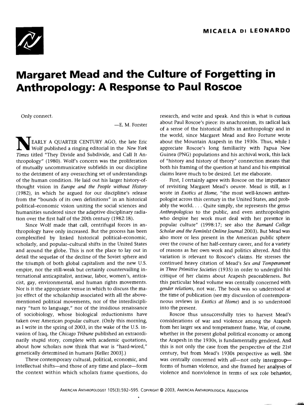 Margaret Mead and the Culture of Forgetting in Anthropology: a Response to Paul Roscoe