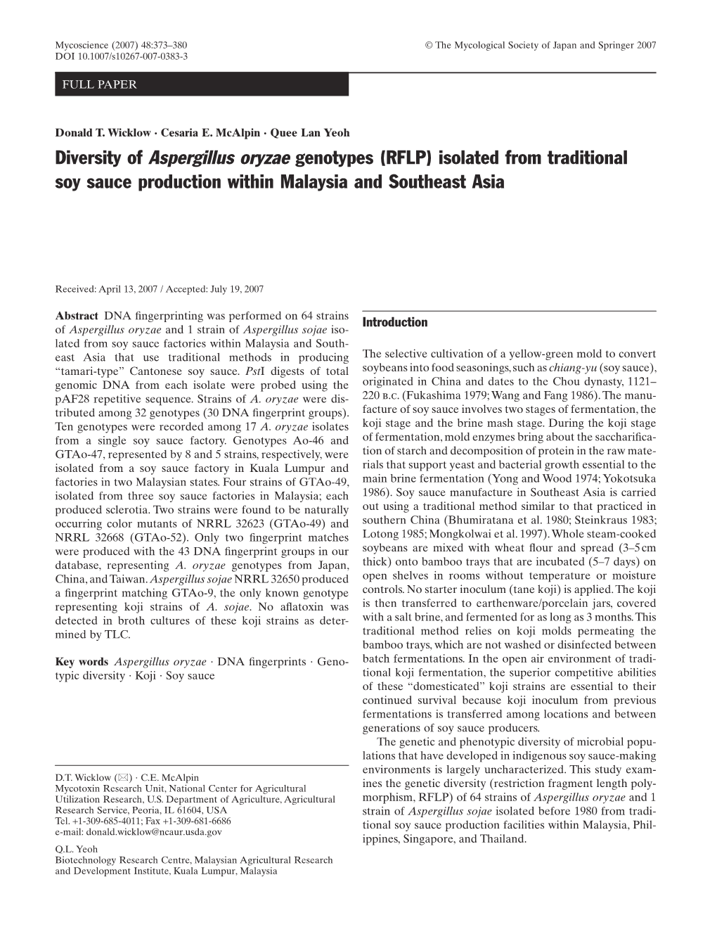 Diversity of Aspergillus Oryzae Genotypes (RFLP) Isolated from Traditional Soy Sauce Production Within Malaysia and Southeast Asia