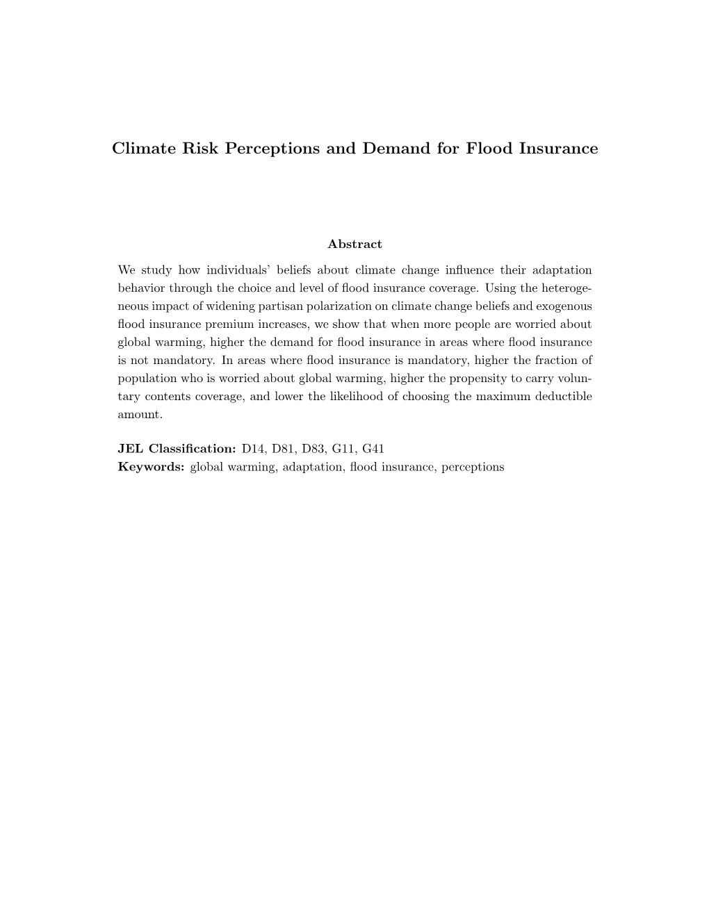 Climate Risk Perceptions and Demand for Flood Insurance
