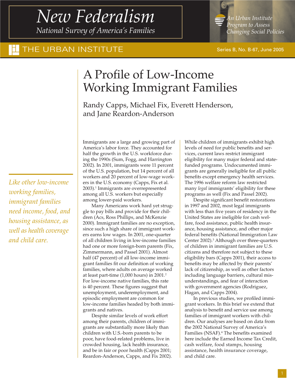 A Profile of Low-Income Working Immigrant Families