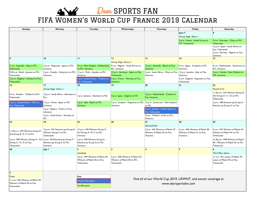 FIFA Women's World Cup France 2019 Calendar