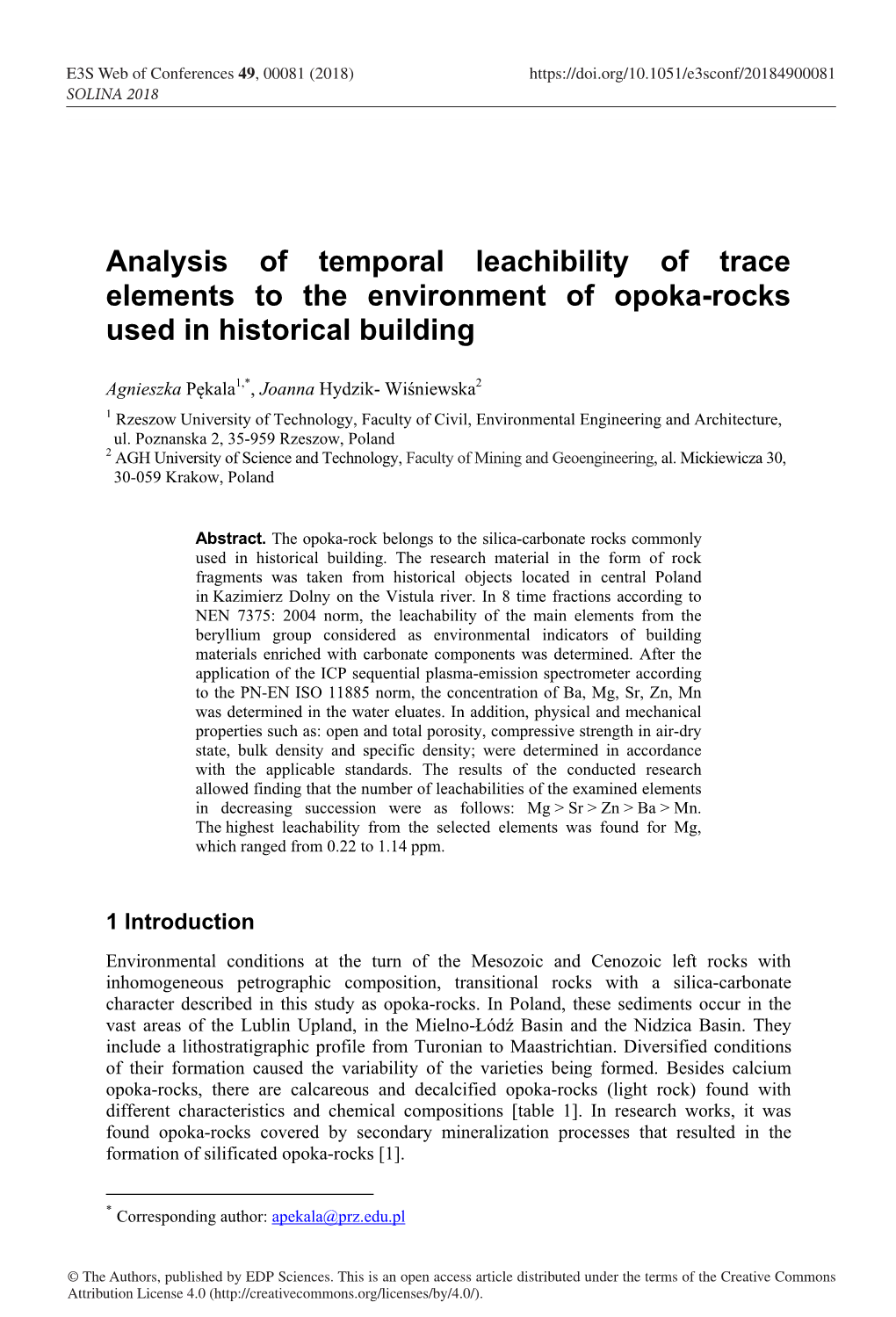 Analysis of Temporal Leachibility of Trace Elements to the Environment of Opoka-Rocks Used in Historical Building