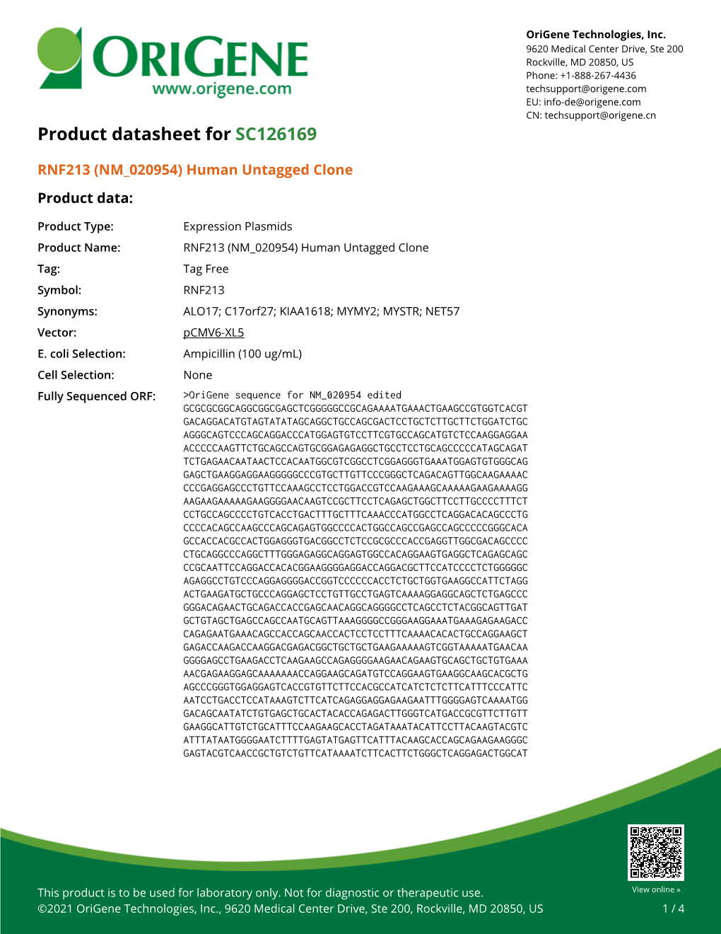 RNF213 (NM 020954) Human Untagged Clone Product Data