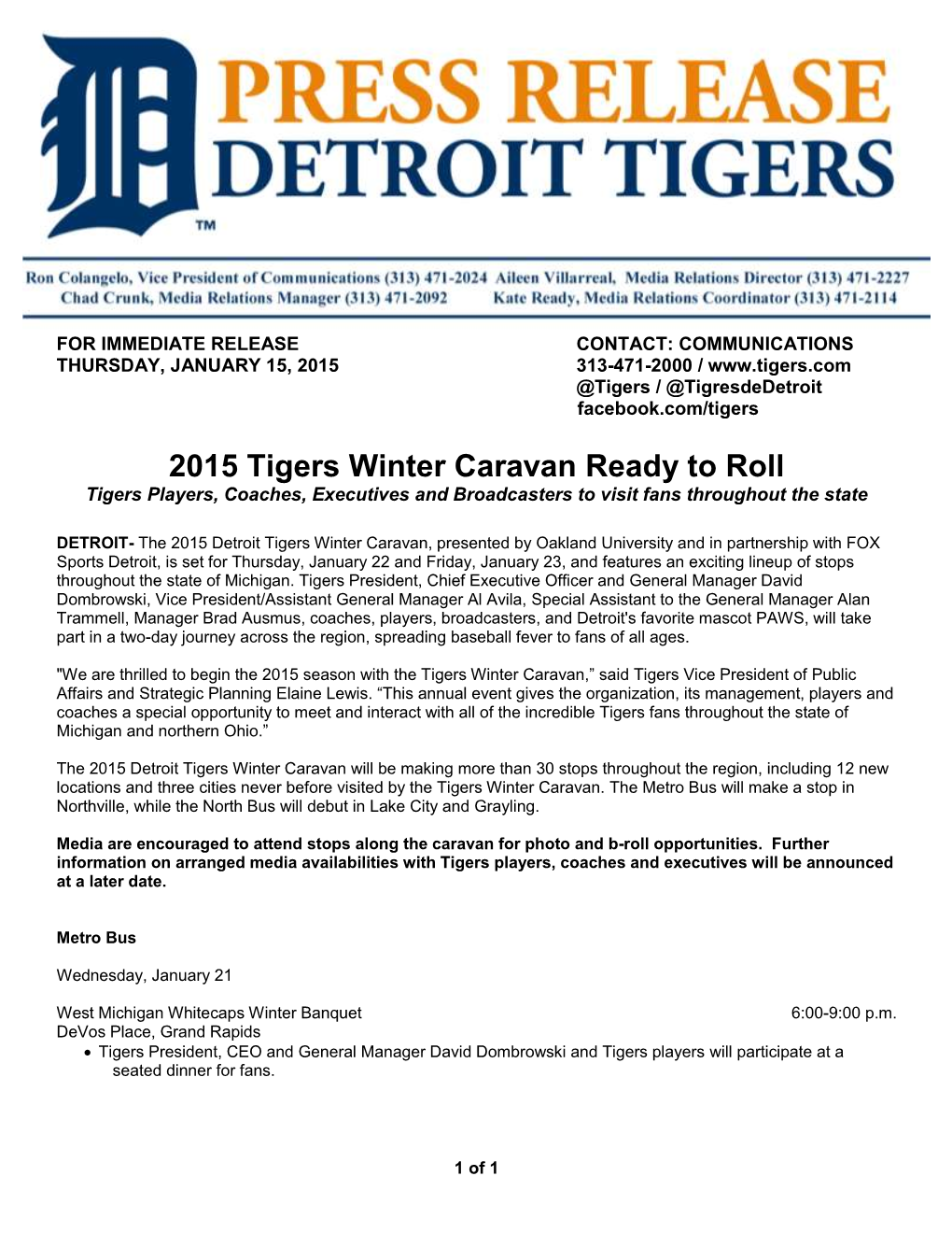 2015 Tigers Winter Caravan Ready to Roll Tigers Players, Coaches, Executives and Broadcasters to Visit Fans Throughout the State