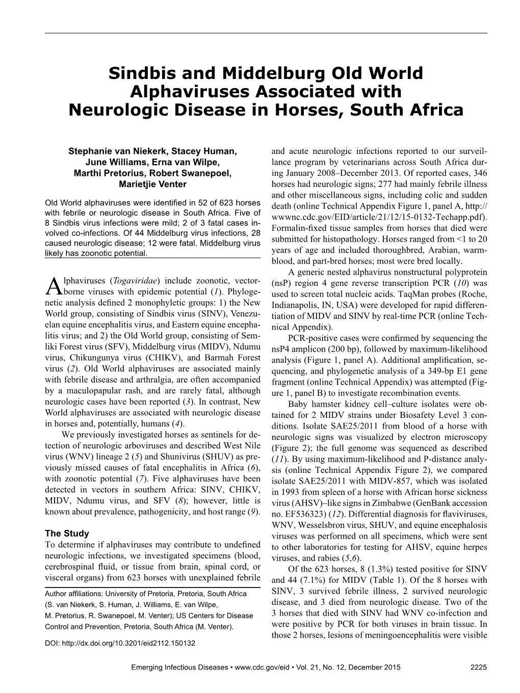 Sindbis and Middelburg Old World Alphaviruses Associated with Neurologic Disease in Horses, South Africa
