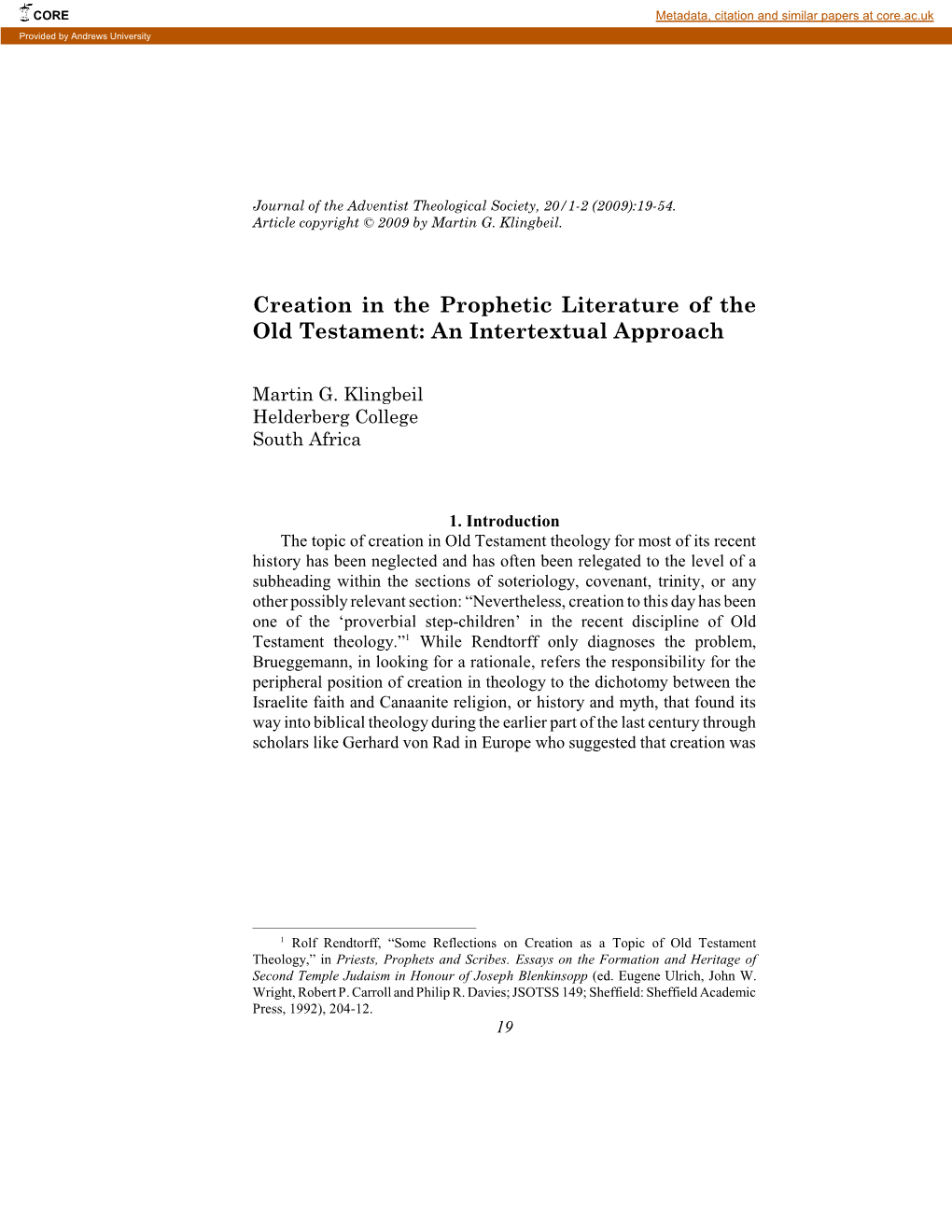 Creation in the Prophetic Literature of the Old Testament: an Intertextual Approach