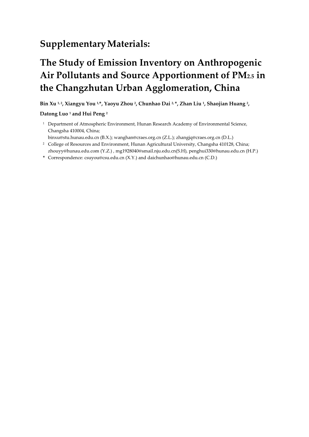 The Study of Emission Inventory on Anthropogenic Air Pollutants and Source Apportionment of PM2.5 in the Changzhutan Urban Agglomeration, China