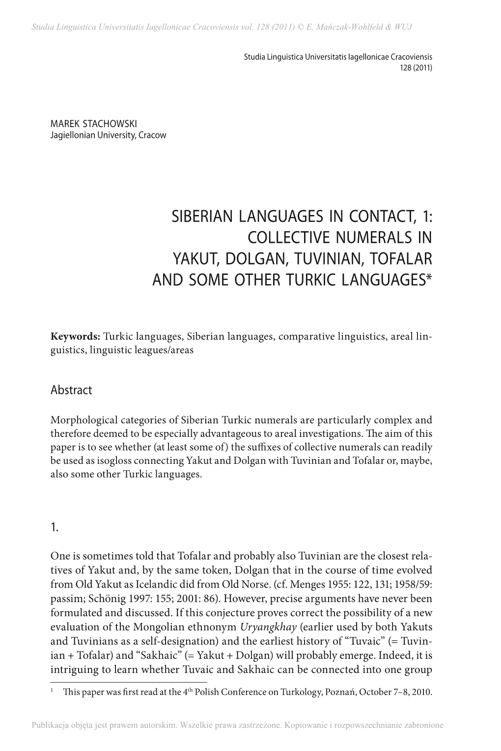 Collective Numerals in Yakut, Dolgan, Tuvinian, Tofalar 1And Some Other Turkic Languages*