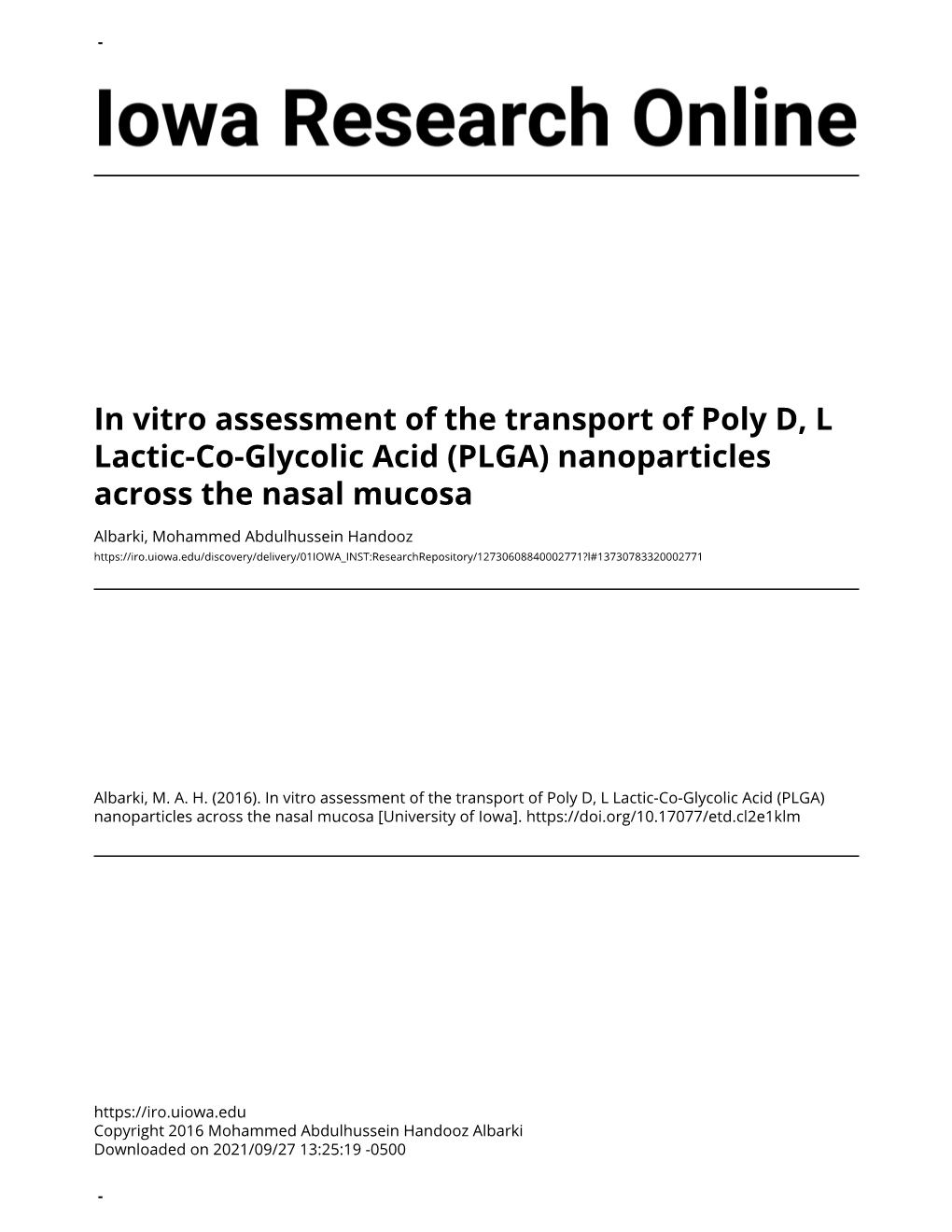 PLGA) Nanoparticles Across the Nasal Mucosa