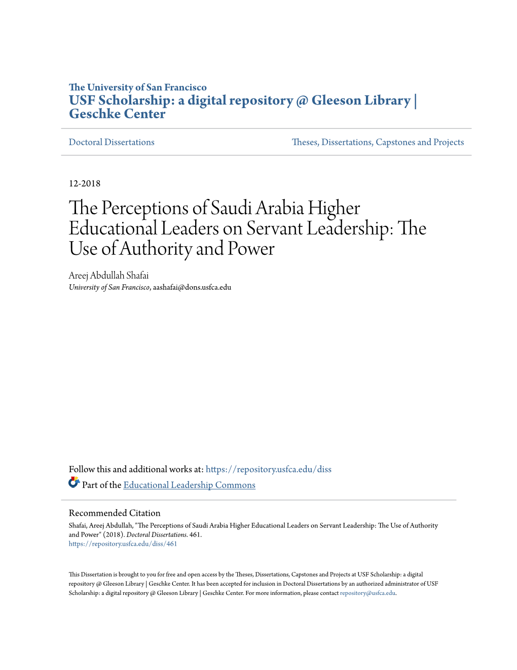 The Perceptions of Saudi Arabia Higher Educational Leaders on Servant Leadership: the Use of Authority and Power