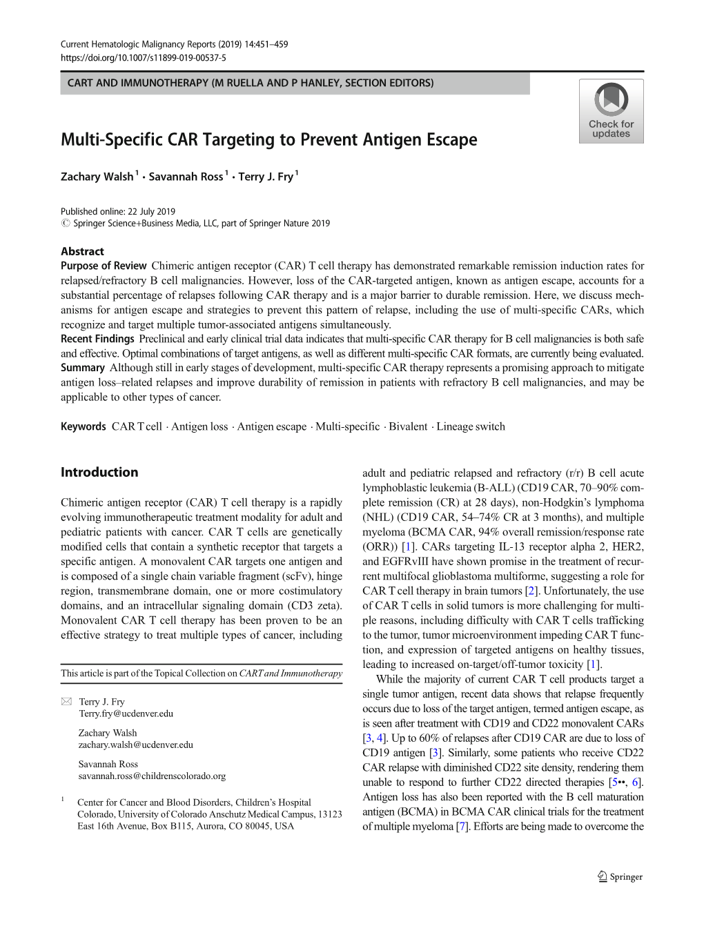 Multi-Specific CAR Targeting to Prevent Antigen Escape