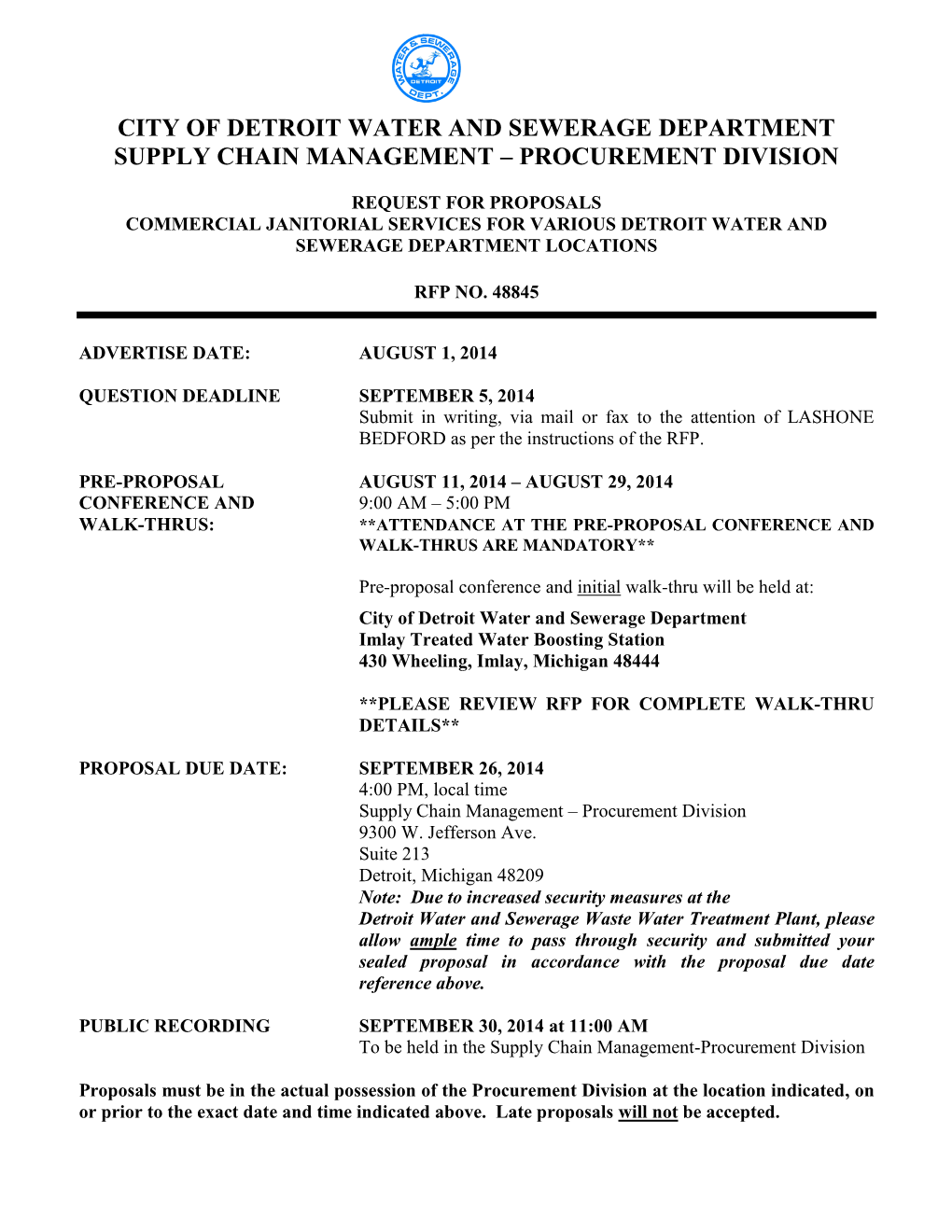 City of Detroit Water and Sewerage Department Supply Chain Management – Procurement Division