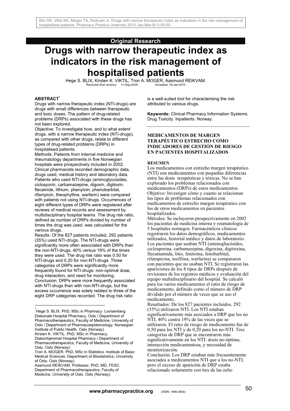 Drugs with Narrow Therapeutic Index As Indicators in the Risk Management of Hospitalised Patients