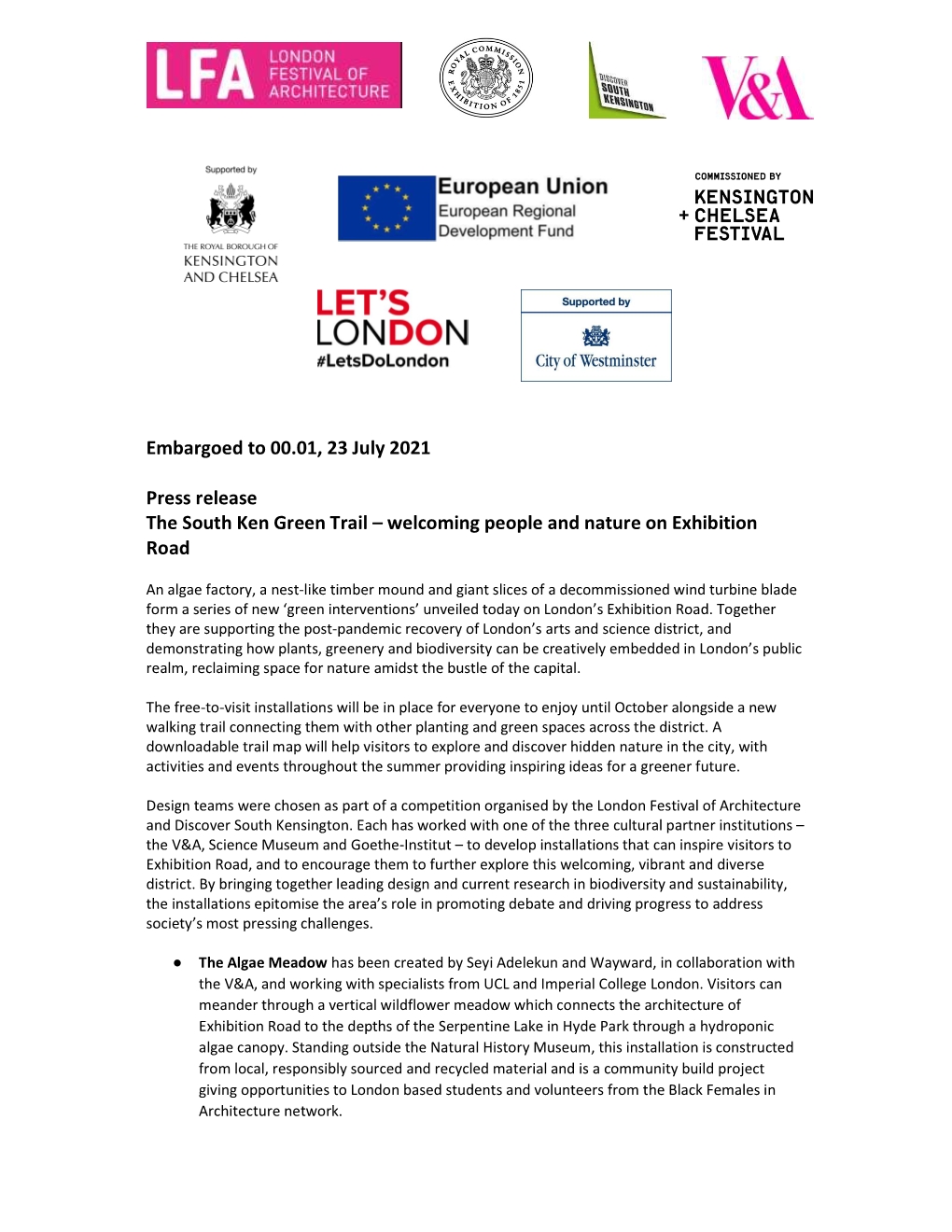 Embargoed to 00.01, 23 July 2021 Press Release the South Ken Green Trail – Welcoming People and Nature on Exhibition Road