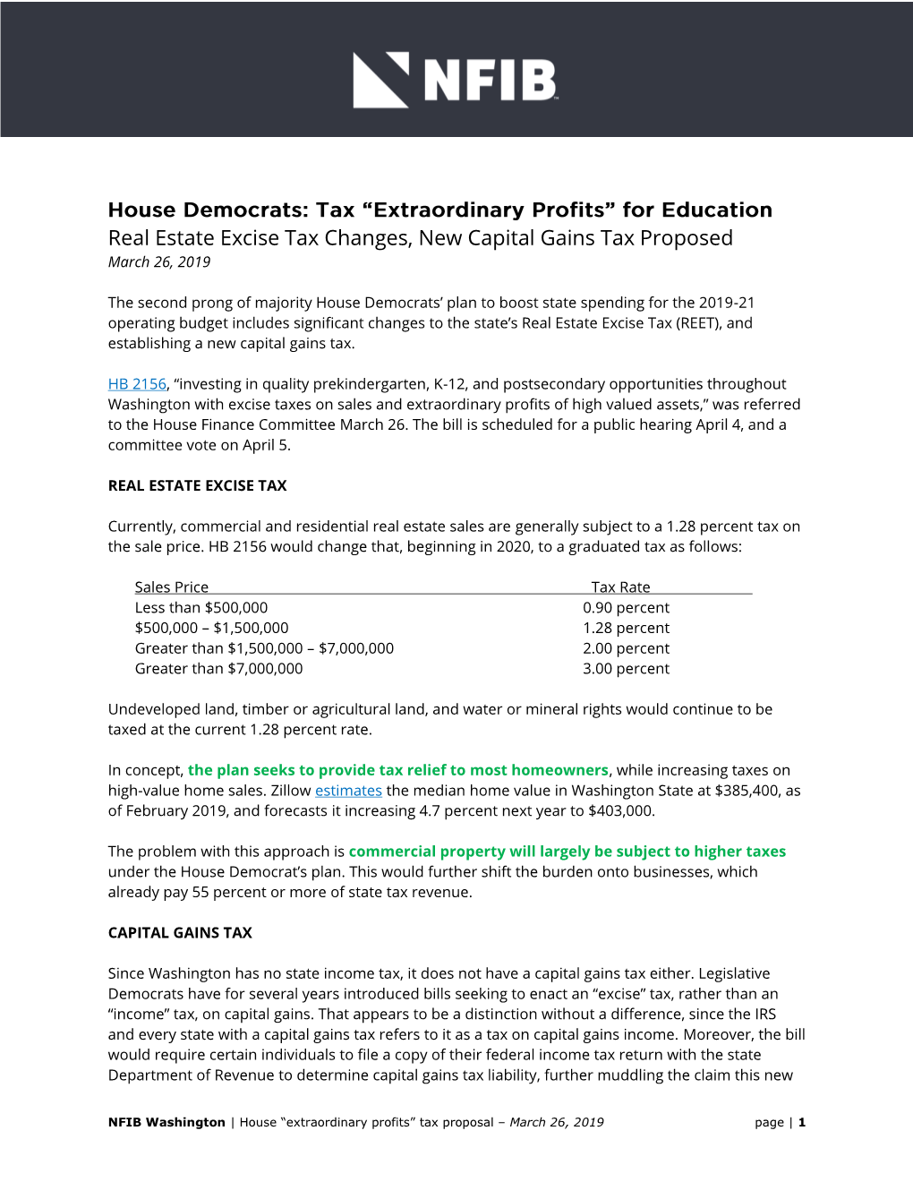 Real Estate Excise Tax Changes, New Capital Gains Tax Proposed March 26, 2019