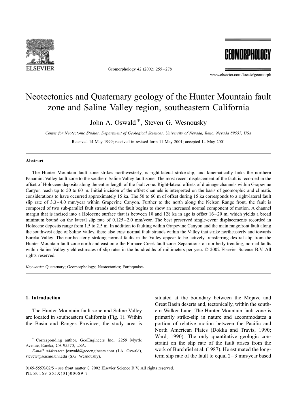 Neotectonics and Quaternary Geology of the Hunter Mountain Fault Zone and Saline Valley Region, Southeastern California