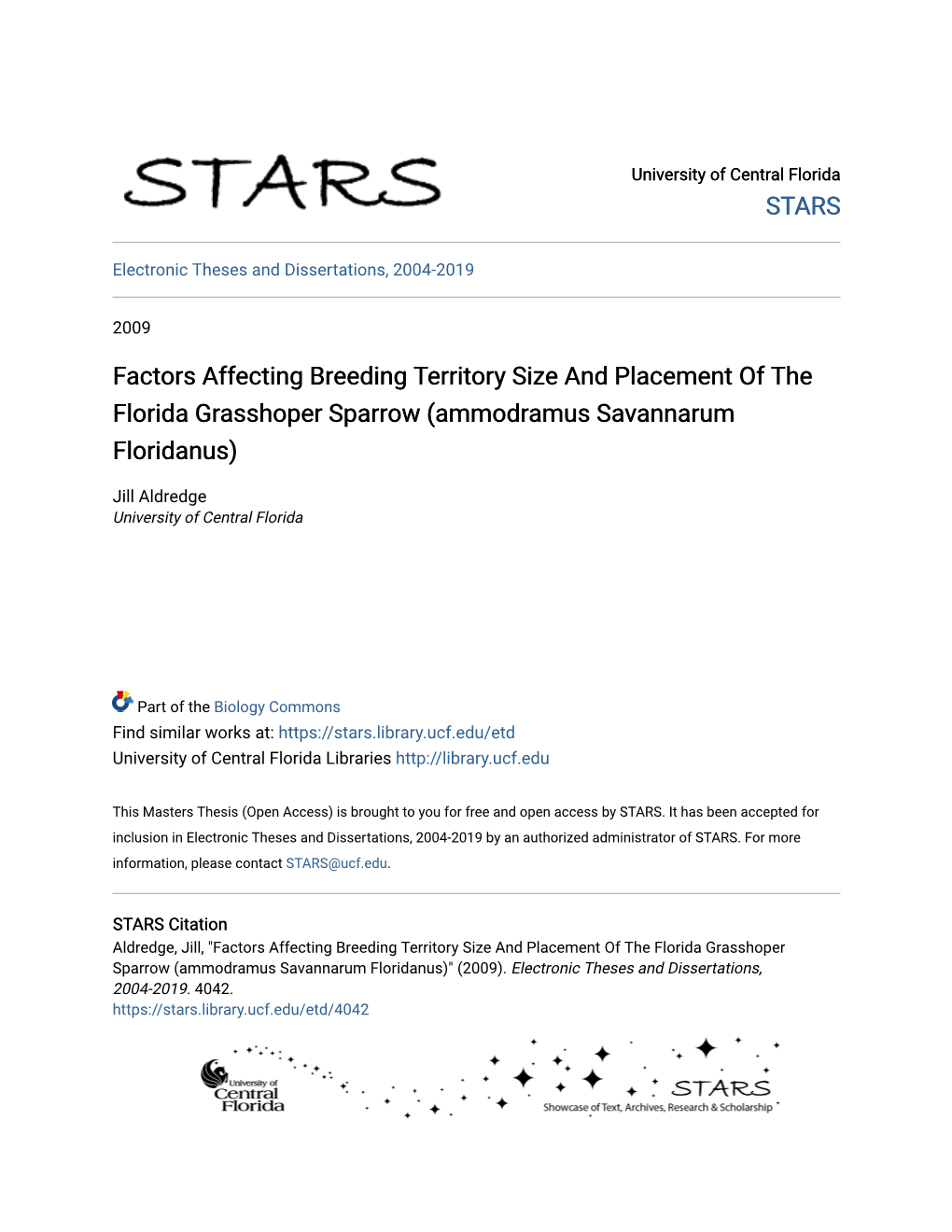 Factors Affecting Breeding Territory Size and Placement of the Florida Grasshoper Sparrow (Ammodramus Savannarum Floridanus)