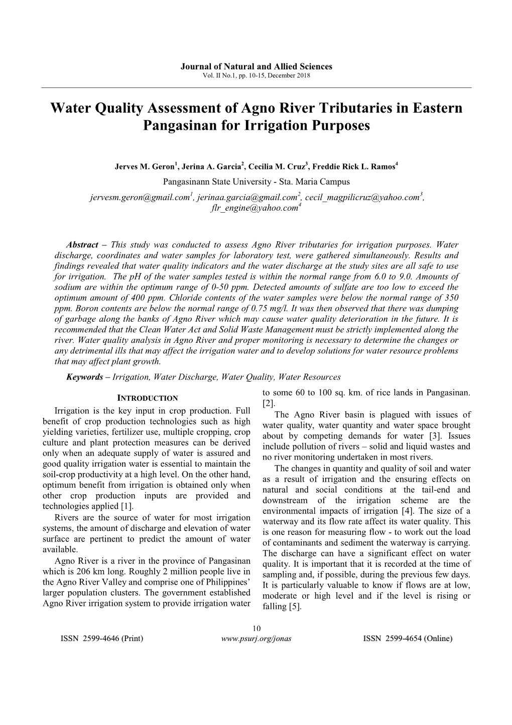 Water Quality Assessment of Agno River Tributaries in Eastern Pangasinan for Irrigation Purposes