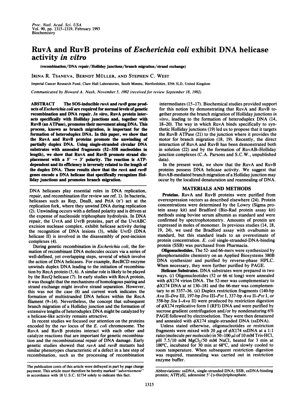 Activity in Vitro (Recombination/DNA Repair/Holfiday Junctions/Branch Migration/Strand Exchange) IRINA R