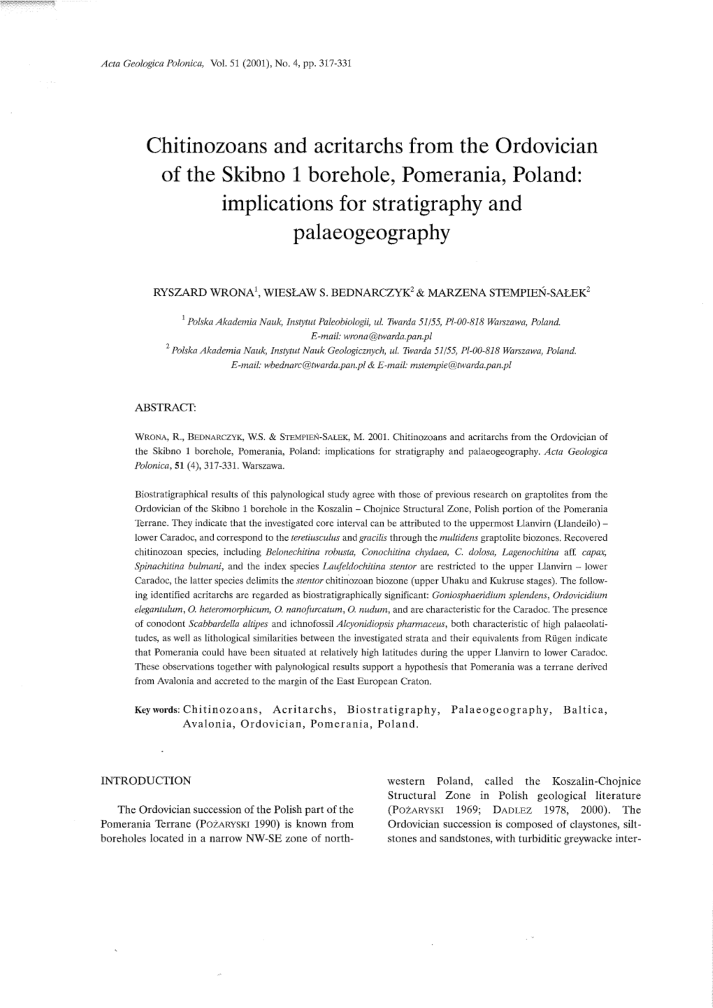 Chitinozoans and Acritarchs from the Ordovician of the Skibno 1 Borehole, Pomerania, Poland: Implications for Stratigraphy and Palaeogeography