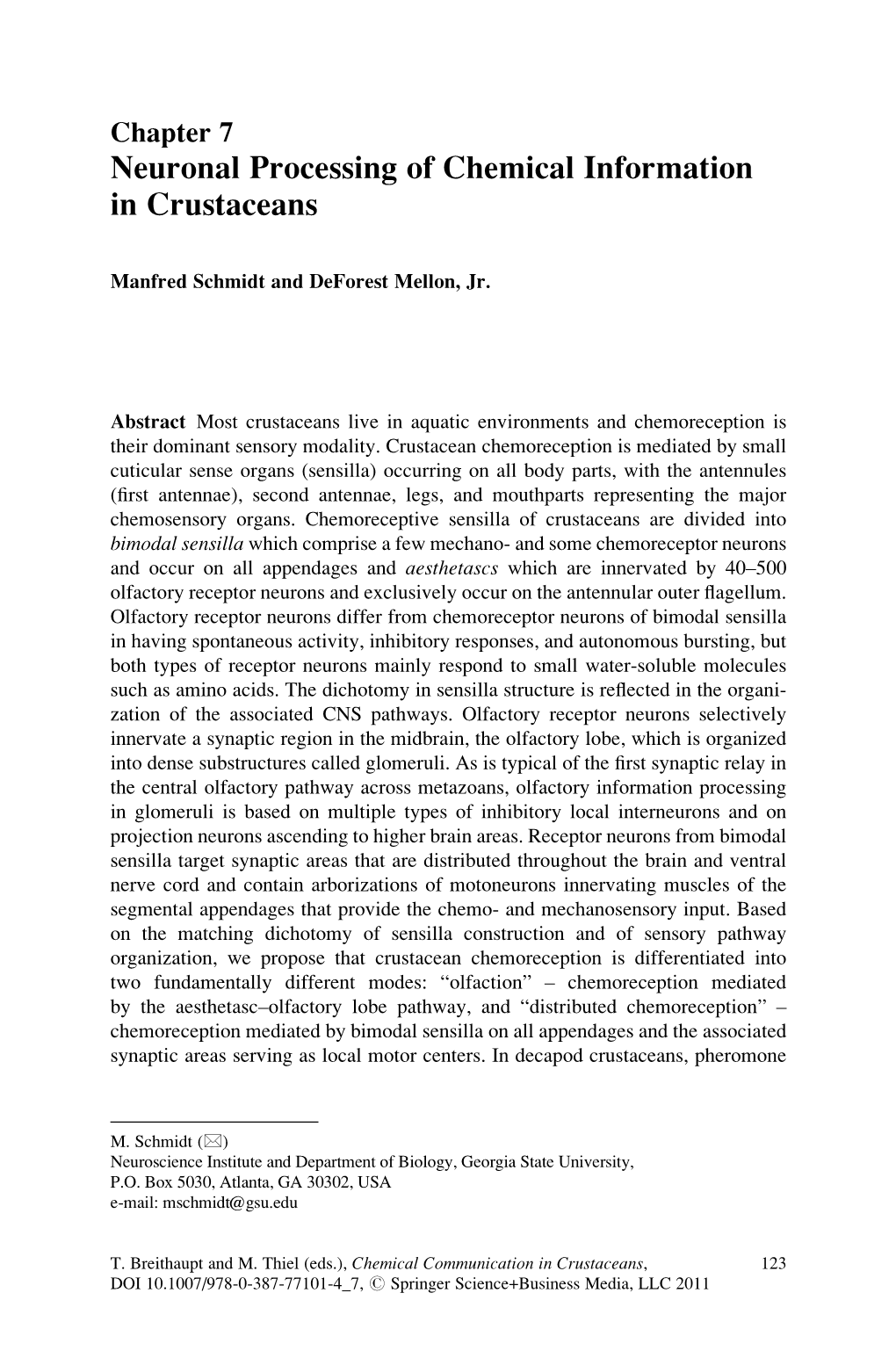 Neuronal Processing of Chemical Information in Crustaceans