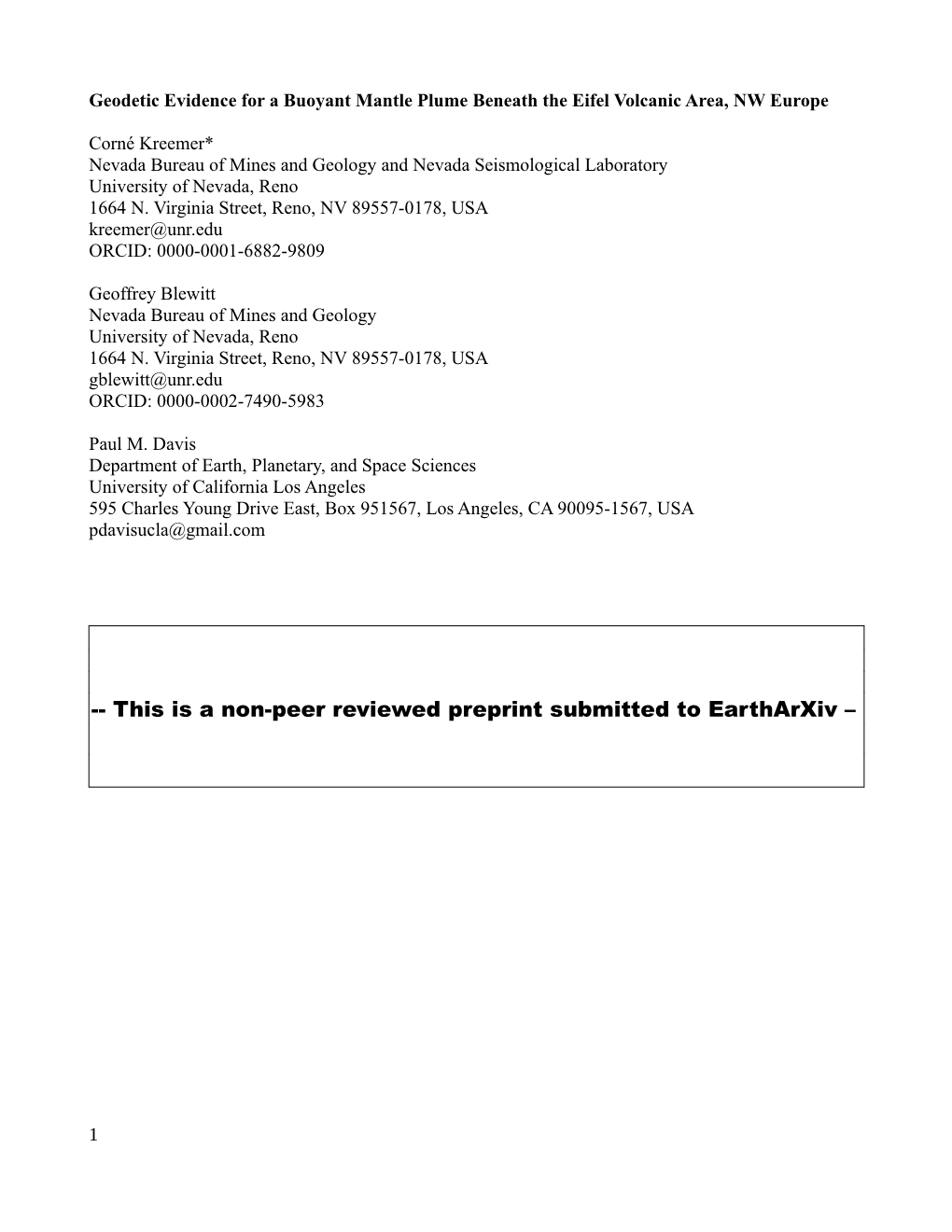 Geodetic Evidence for a Buoyant Mantle Plume Beneath the Eifel Volcanic Area, NW Europe