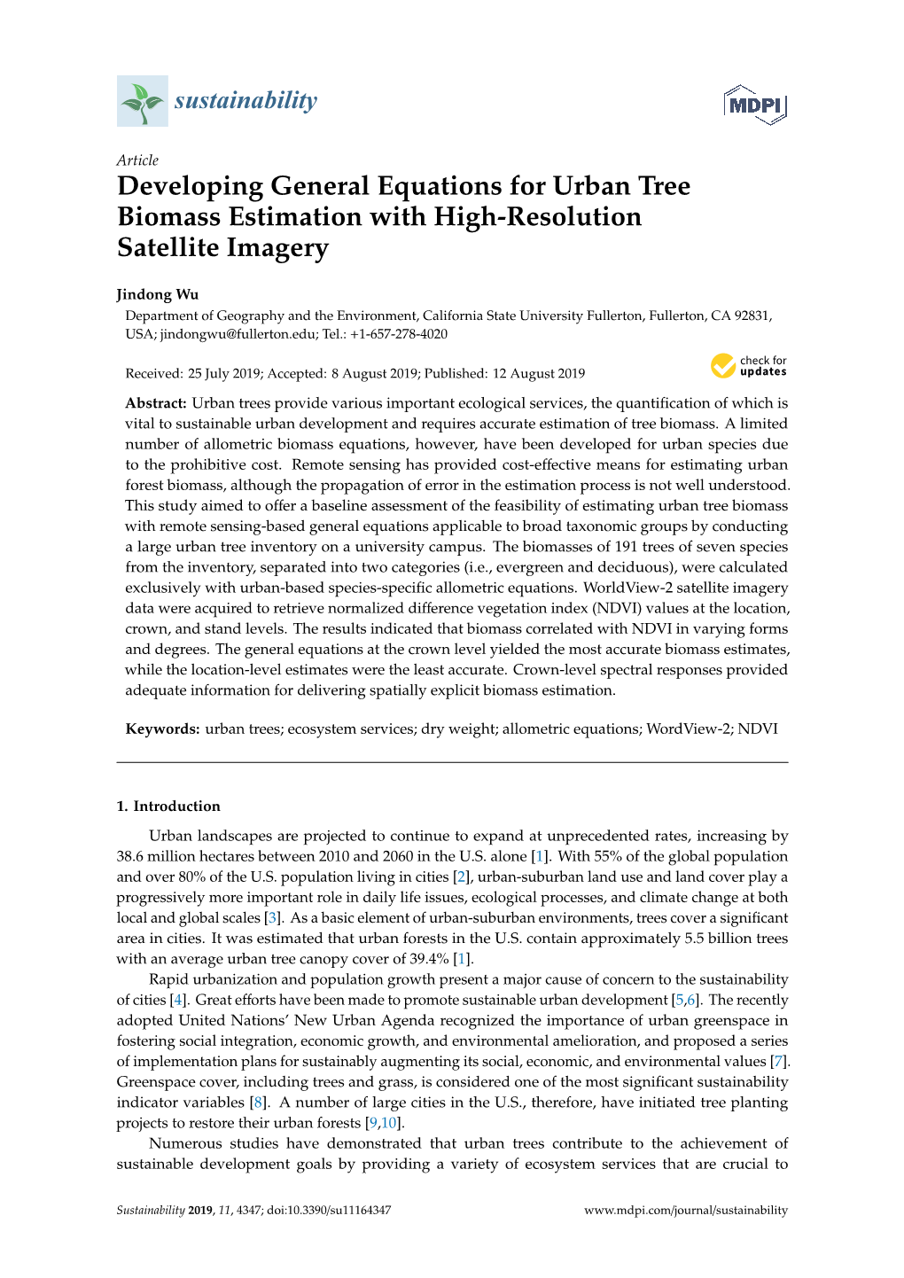 Developing General Equations for Urban Tree Biomass Estimation with High-Resolution Satellite Imagery