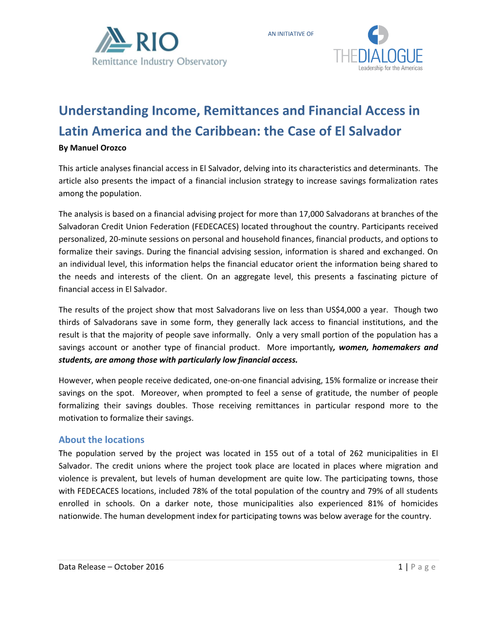 Understanding Income, Remittances and Financial Access in Latin America and the Caribbean: the Case of El Salvador by Manuel Orozco