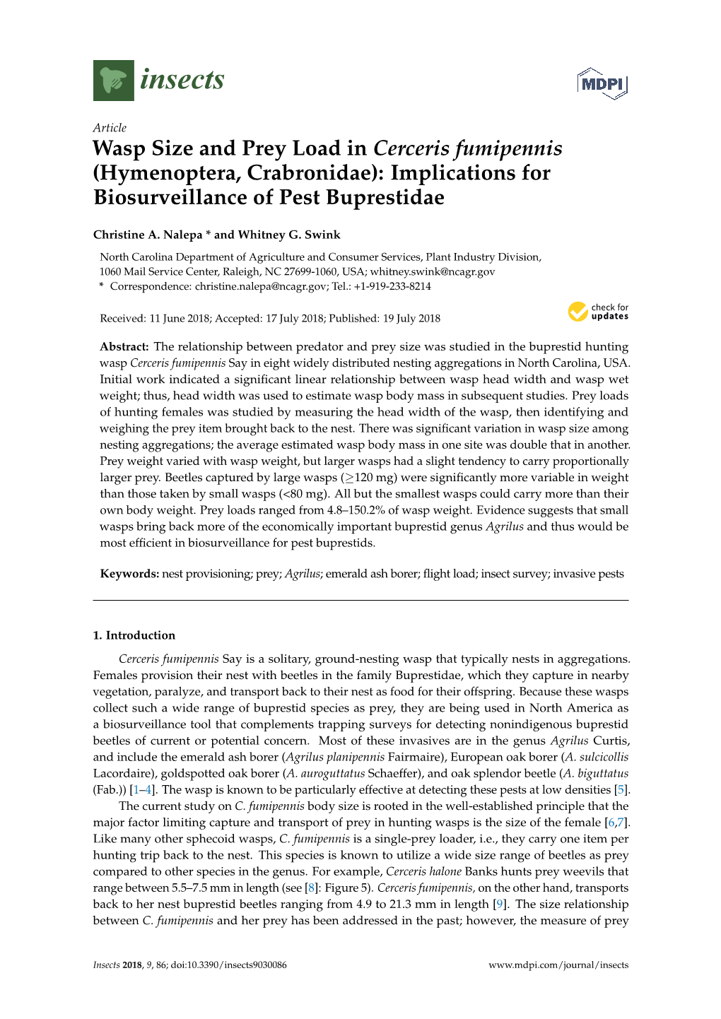 Wasp Size and Prey Load in Cerceris Fumipennis (Hymenoptera, Crabronidae): Implications for Biosurveillance of Pest Buprestidae