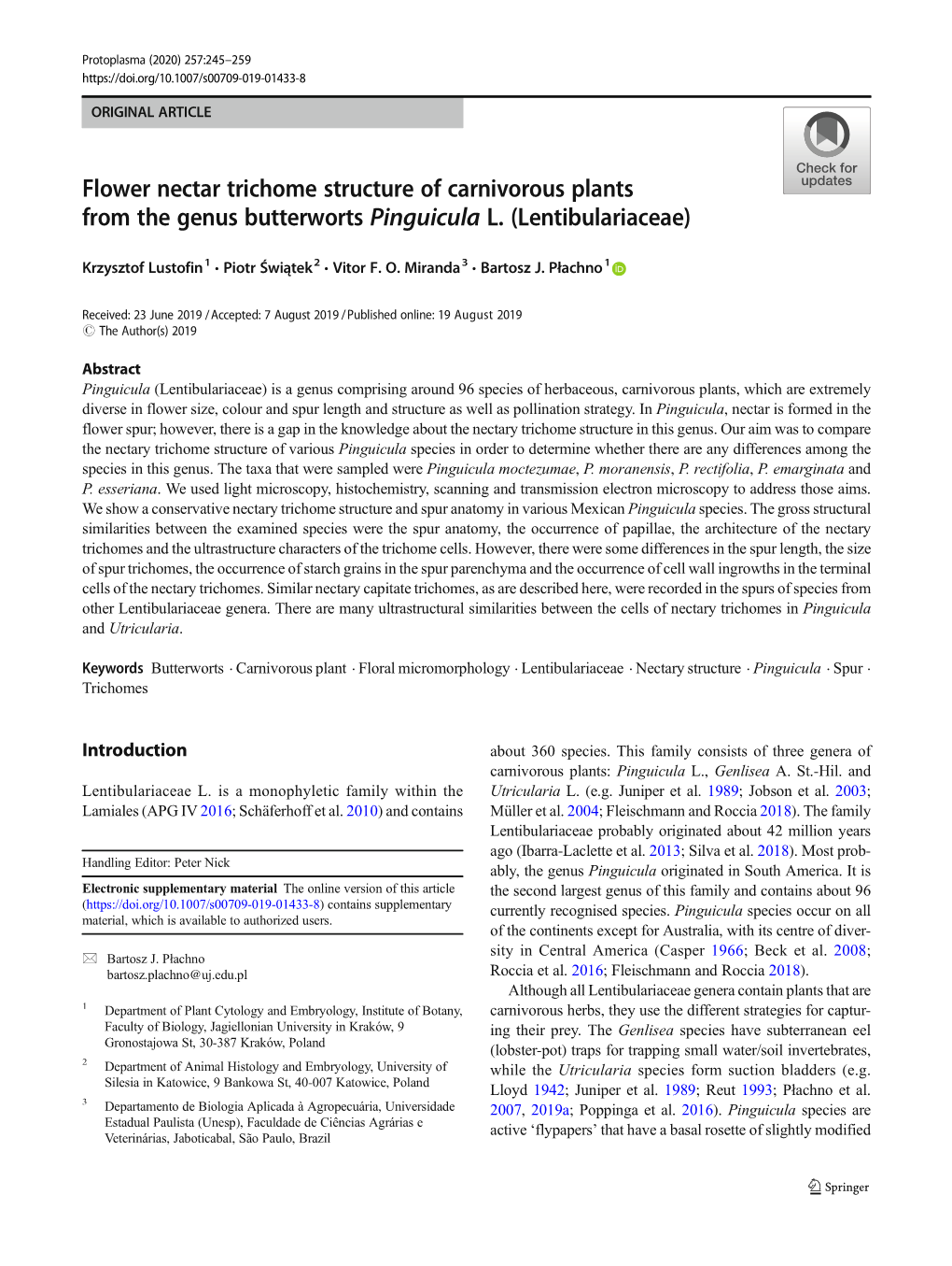 Flower Nectar Trichome Structure of Carnivorous Plants from the Genus Butterworts Pinguicula L