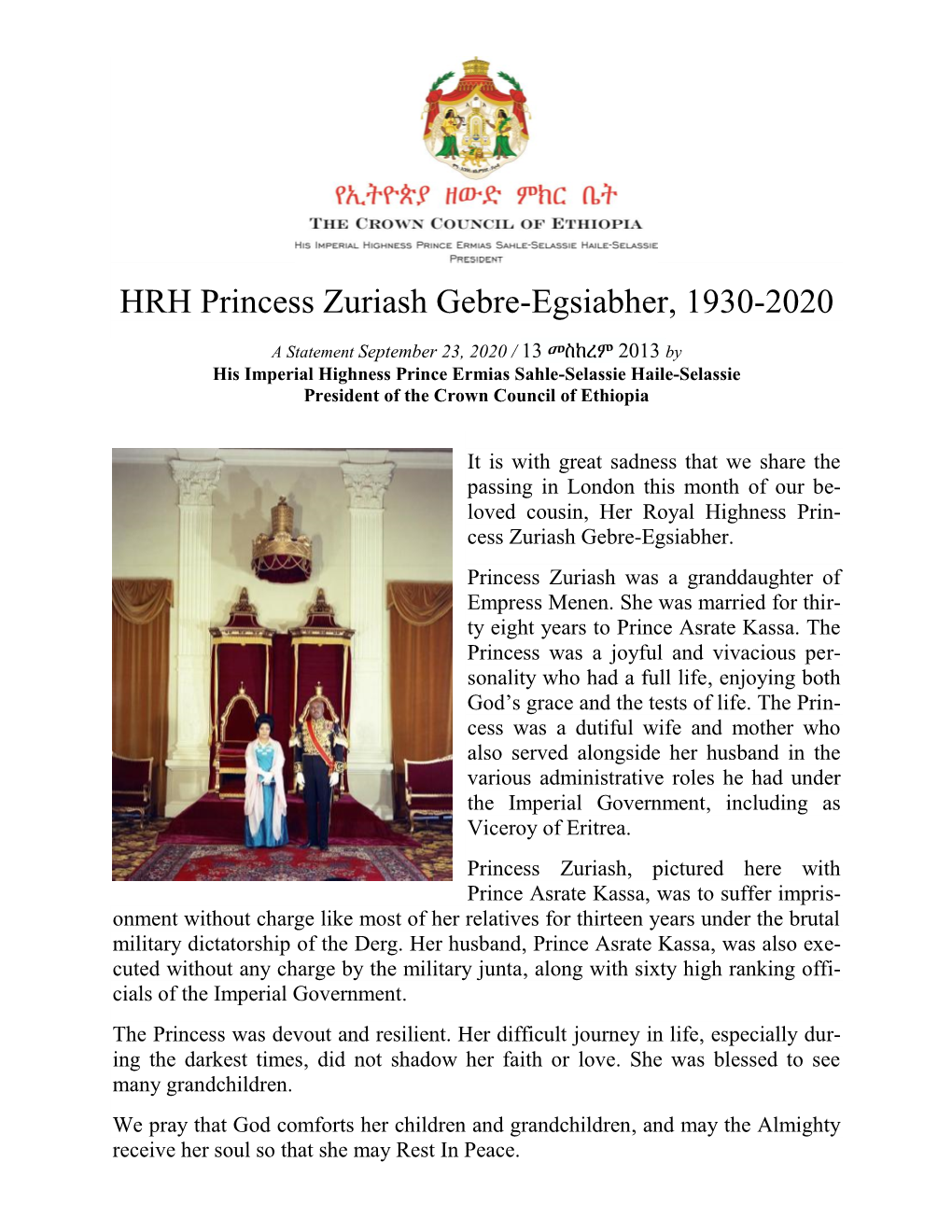 HRH Princess Zuriash Gebre-Egsiabher, 1930-2020