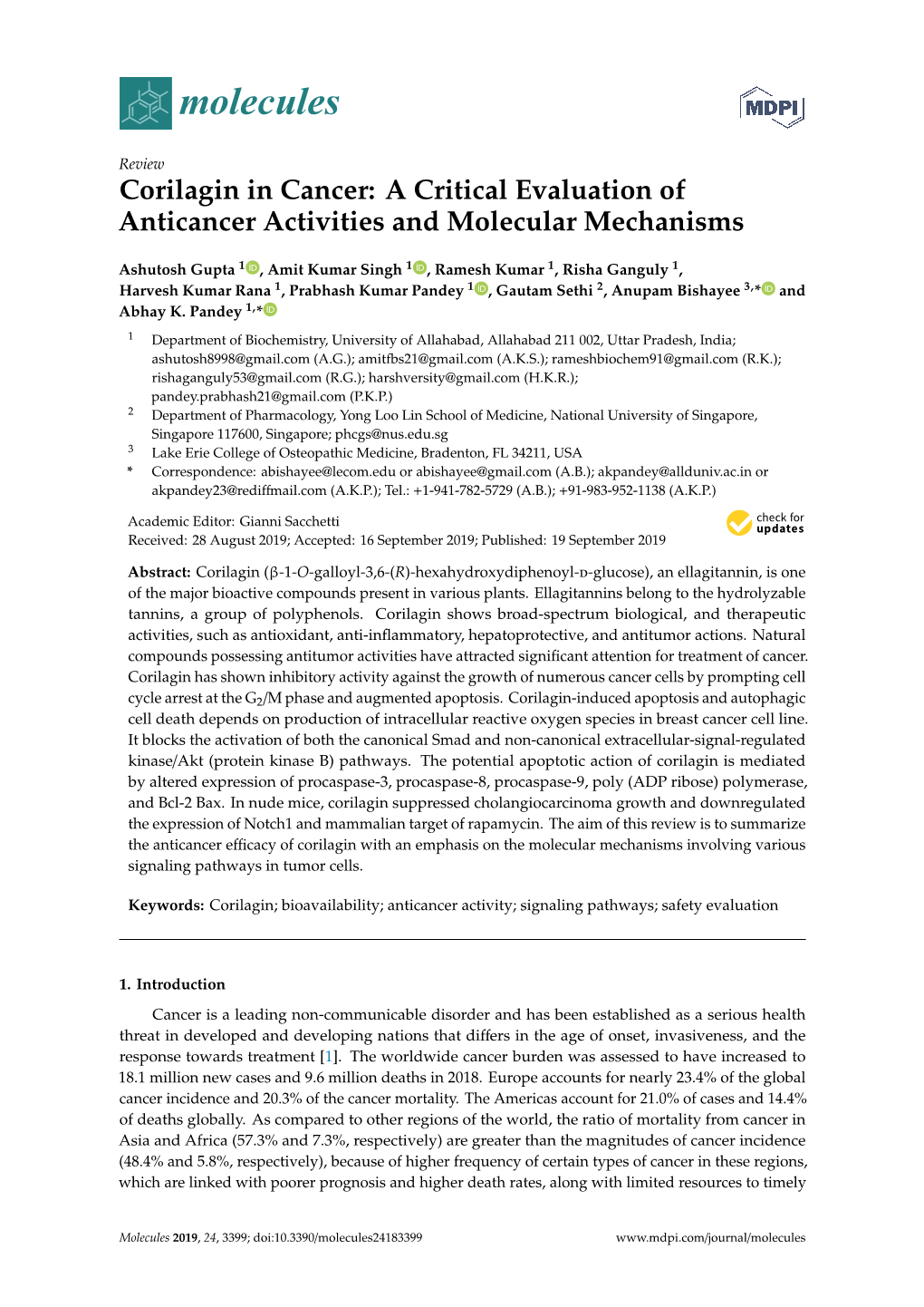 Corilagin in Cancer: a Critical Evaluation of Anticancer Activities and Molecular Mechanisms