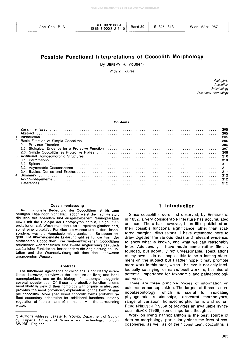 Possible Functional Interpretations of Coccolith Morphology 1. Introduction