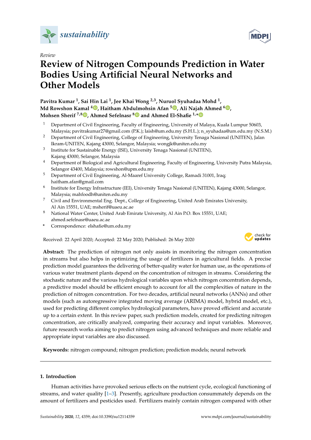 Review of Nitrogen Compounds Prediction in Water Bodies Using Artiﬁcial Neural Networks and Other Models