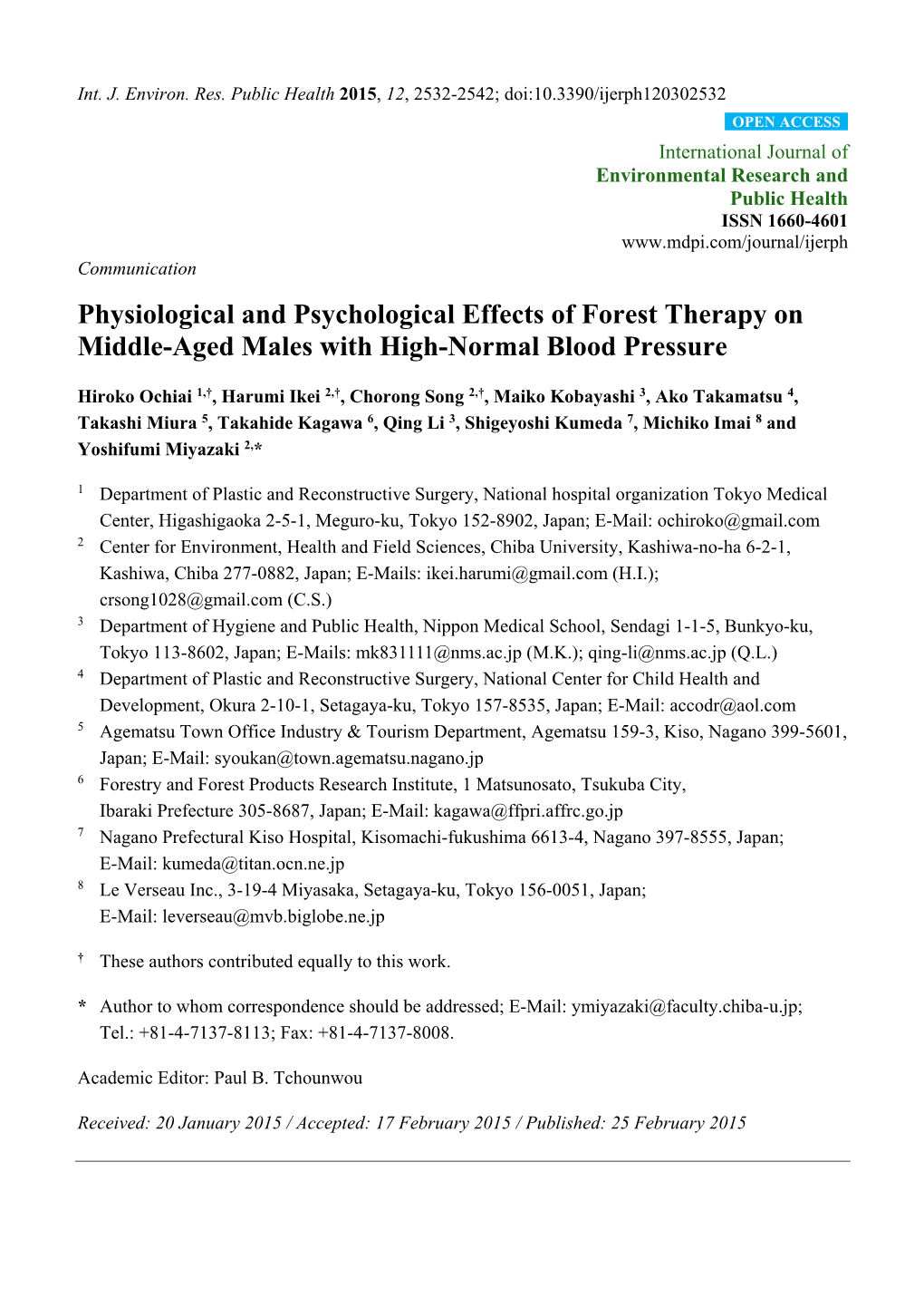 Physiological and Psychological Effects of Forest Therapy on Middle-Aged Males with High-Normal Blood Pressure