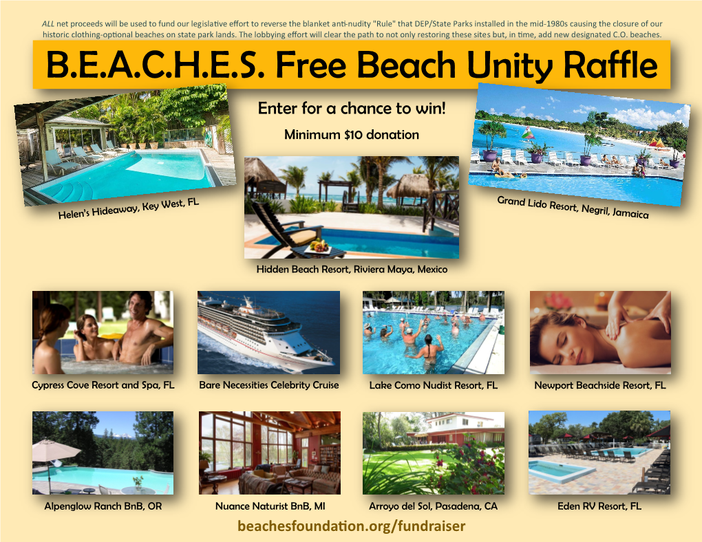 B.E.A.C.H.E.S. Free Beach Unity Raffle Enter for a Chance to Win! Minimum $10 Donation