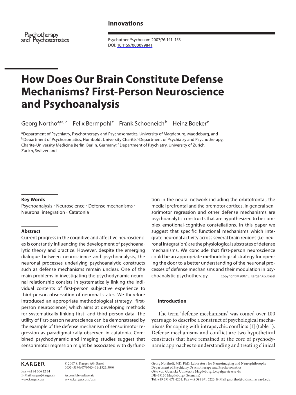 How Does Our Brain Constitute Defense Mechanisms? First-Person Neuroscience and Psychoanalysis