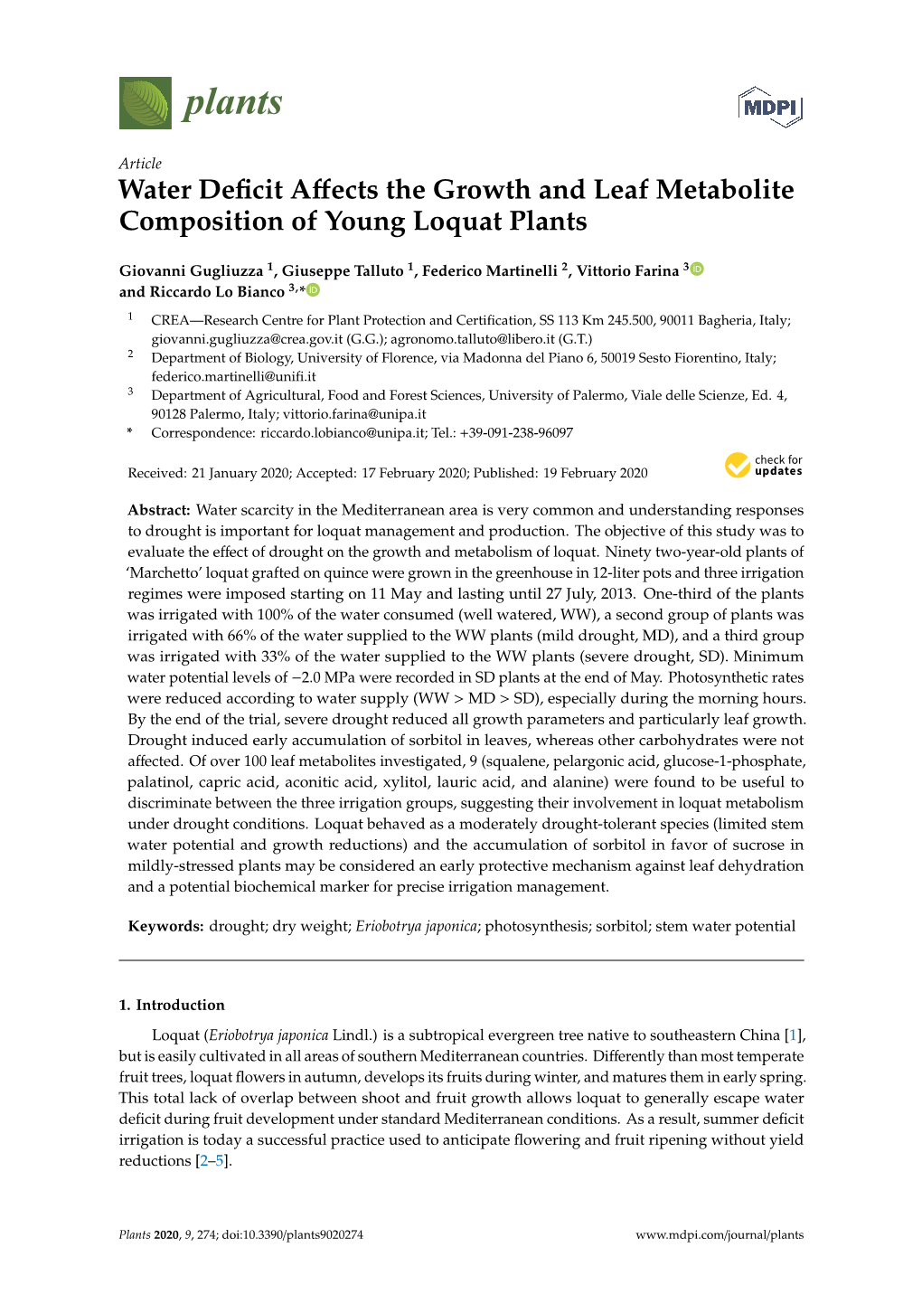 Water Deficit Affects the Growth and Leaf Metabolite Composition Of