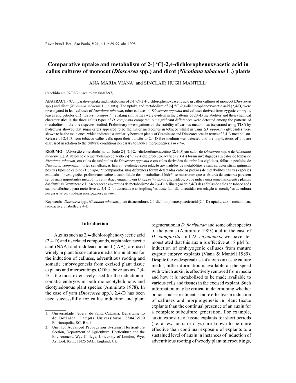 2,4-Dichlorophenoxyacetic Acid in Callus Cultures of Monocot (Dioscorea Spp.) and Dicot (Nicotiana Tabacum L.) Plants