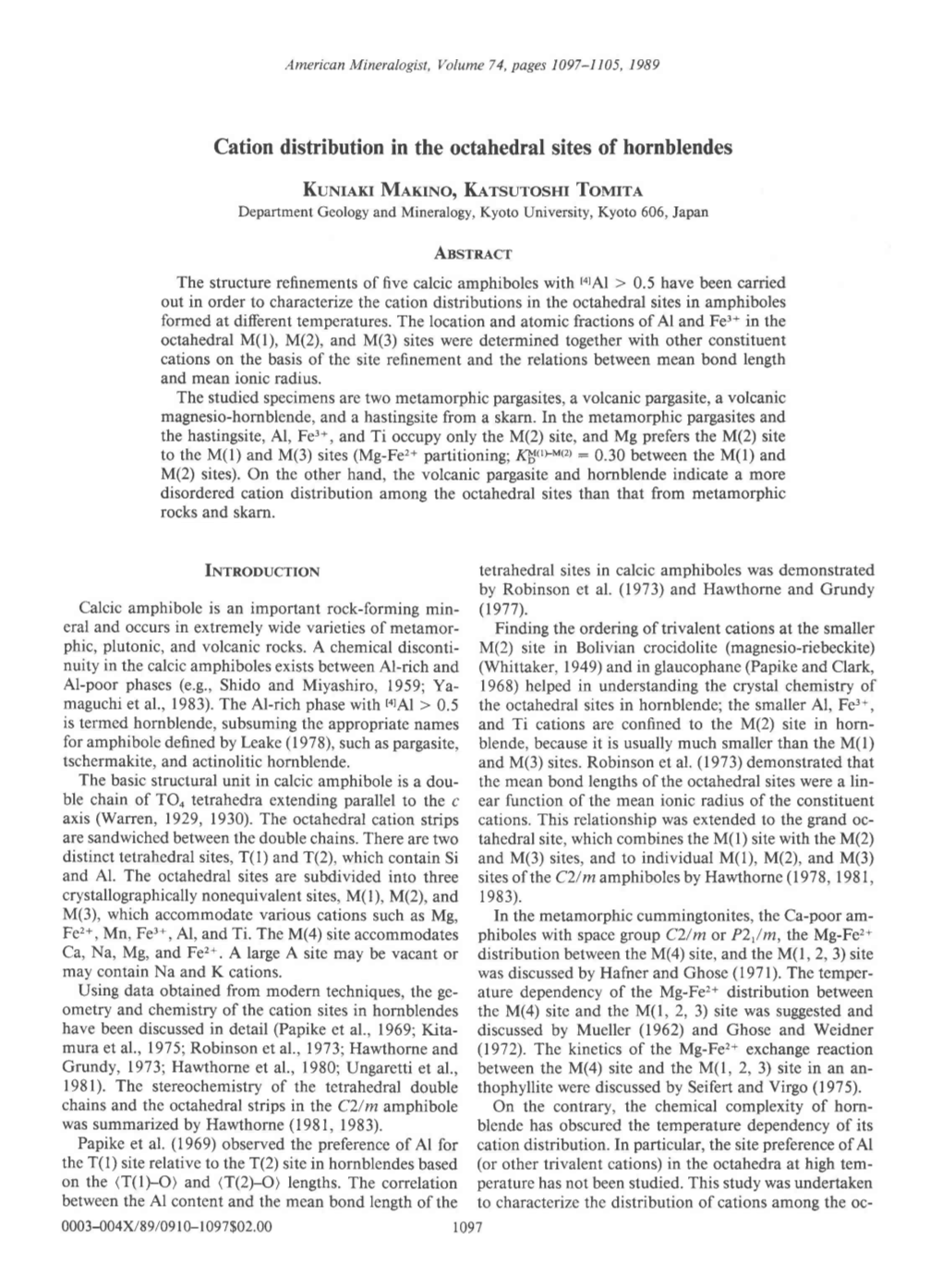 Cation Distribution in the Octahedral Sites of Hornblendes Kunuxr M