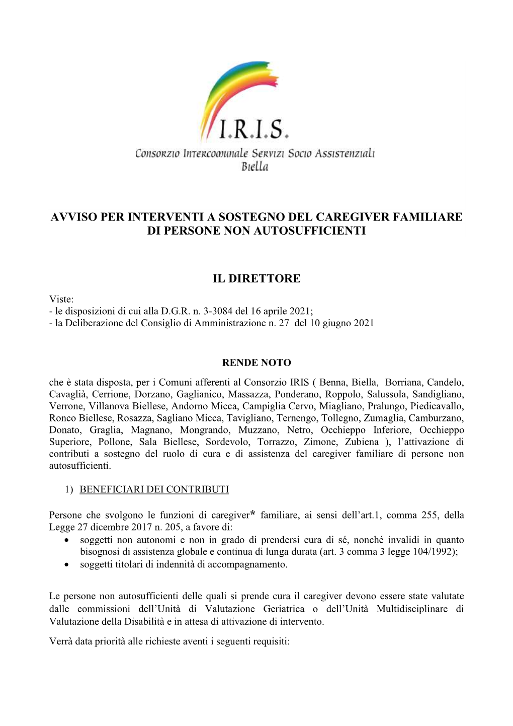 Avviso Per Interventi a Sostegno Del Caregiver Familiare Di Persone Non Autosufficienti