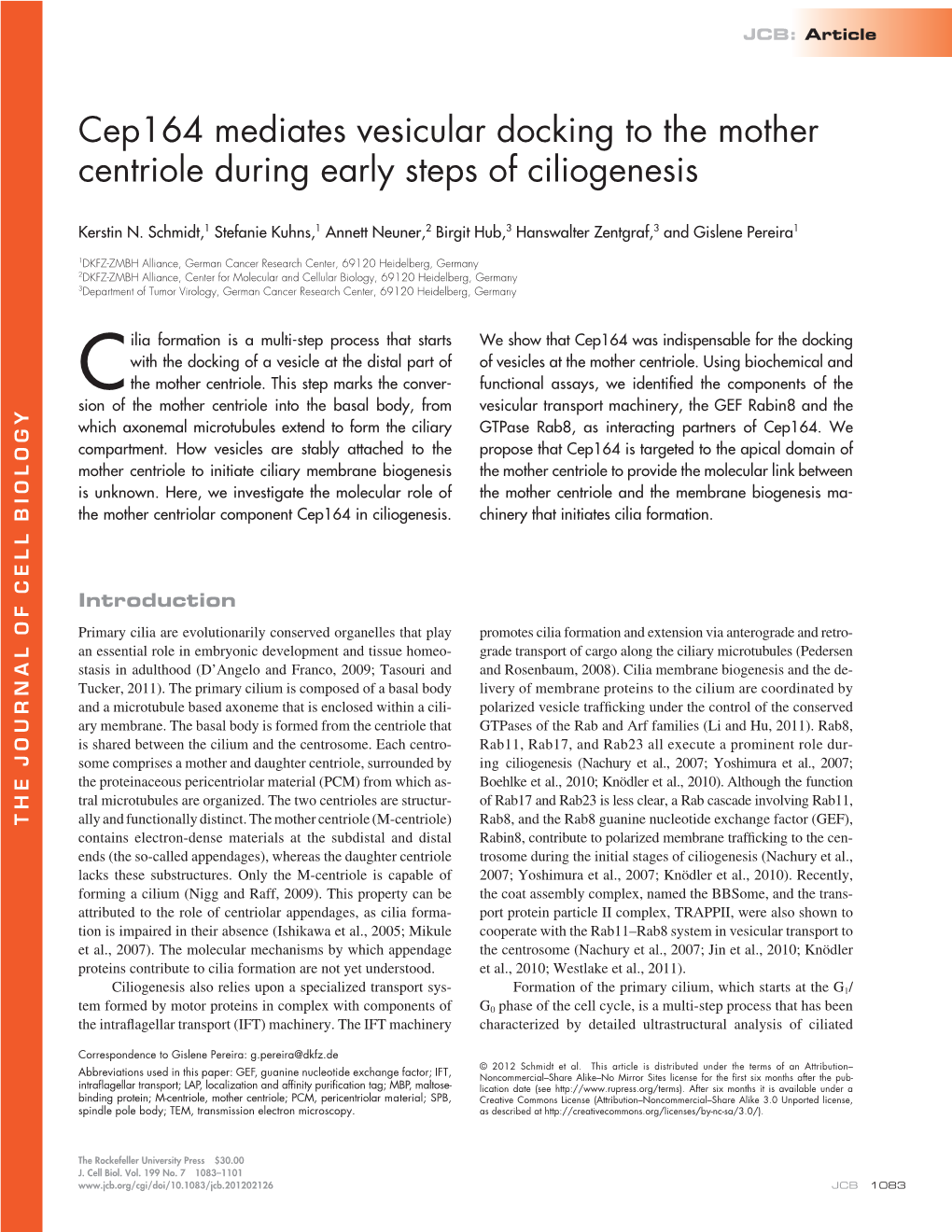 Cep164 Mediates Vesicular Docking to the Mother Centriole During Early Steps of Ciliogenesis