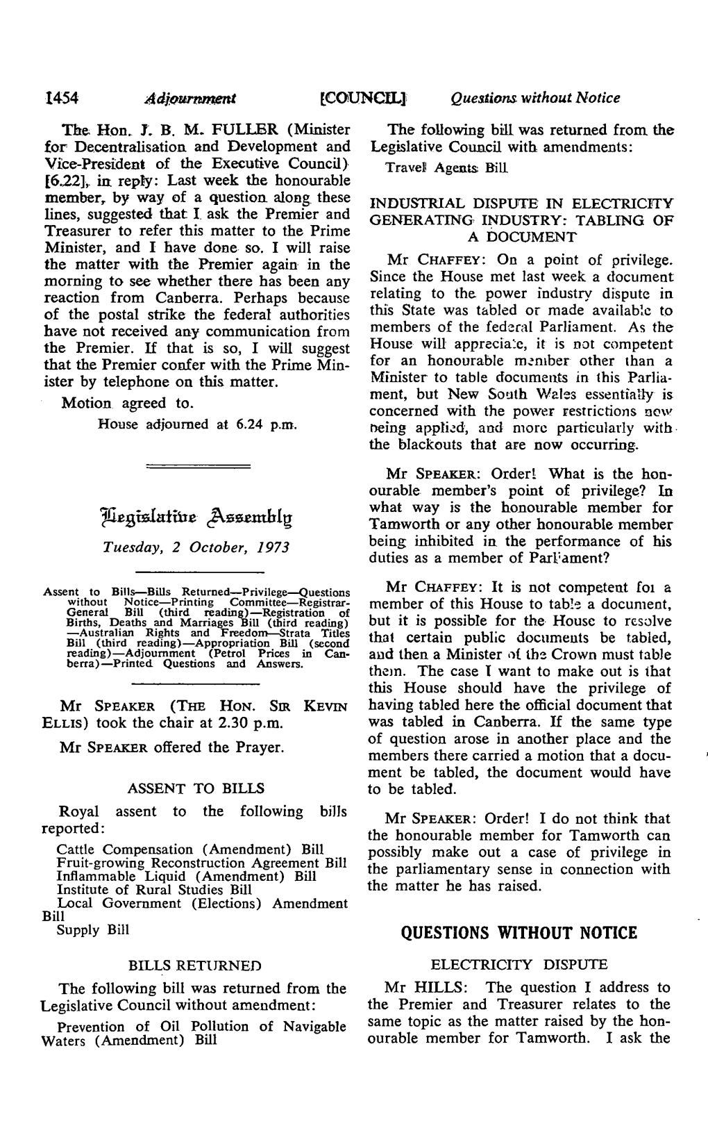 1Fi.Egislatiu.E J\Sumhlg Tamworth Or Any Other Honourable Member Tuesday, 2 October, 1973 Being Inhibited in the Performance of His Duties As a Member of Parl;Ament?