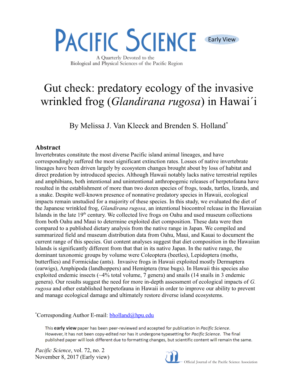 Predatory Ecology of the Invasive Wrinkled Frog (Glandirana Rugosa) in Hawai´I