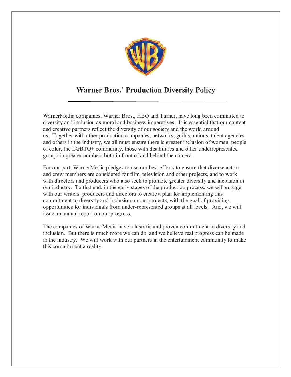 Warner Bros.' Production Diversity Policy