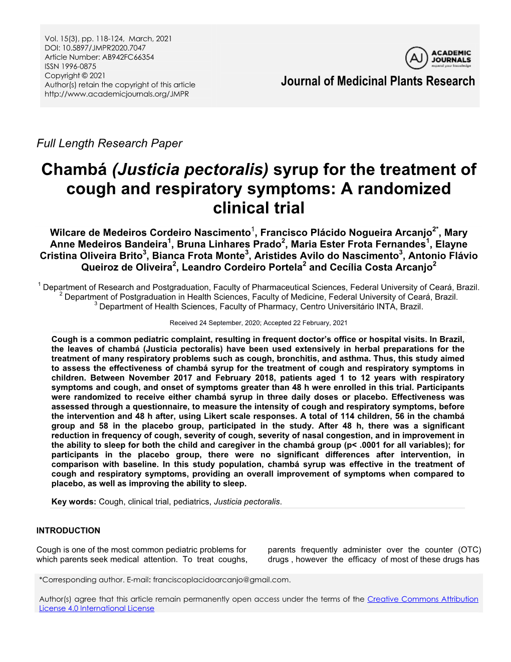 (Justicia Pectoralis) Syrup for the Treatment of Cough and Respiratory Symptoms: a Randomized Clinical Trial